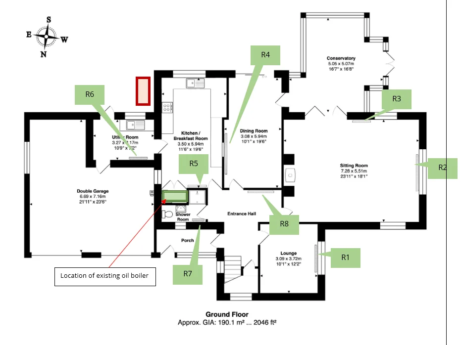 Heating plan with all sixteen emitters logged room by room and the old boiler position marked